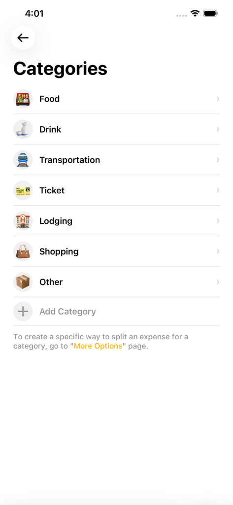 Bill Bear - Interfaccia dell'app Bill Bear che mostra varie categorie di spesa come cibo, bevande e trasporti per la divisione delle fatture.