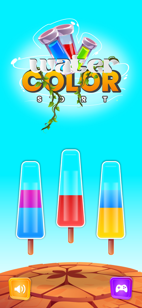 Tela de título do jogo de quebra-cabeça Water Color Sort com três picolés cheios de água em camadas coloridas