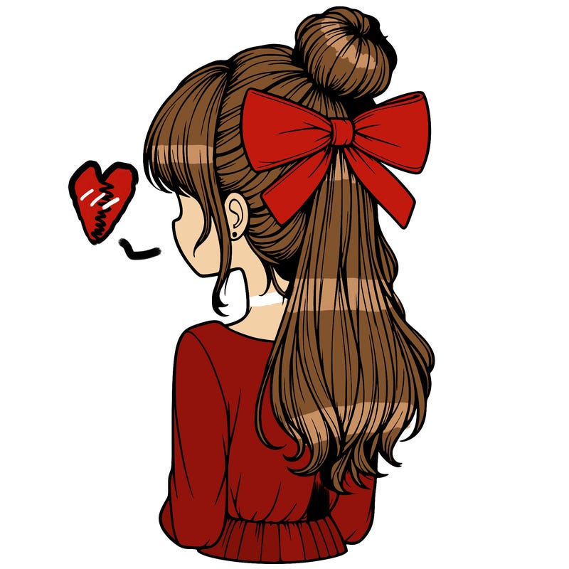 realistic girl  with hip length hair a bun and a big bow on the back of head
