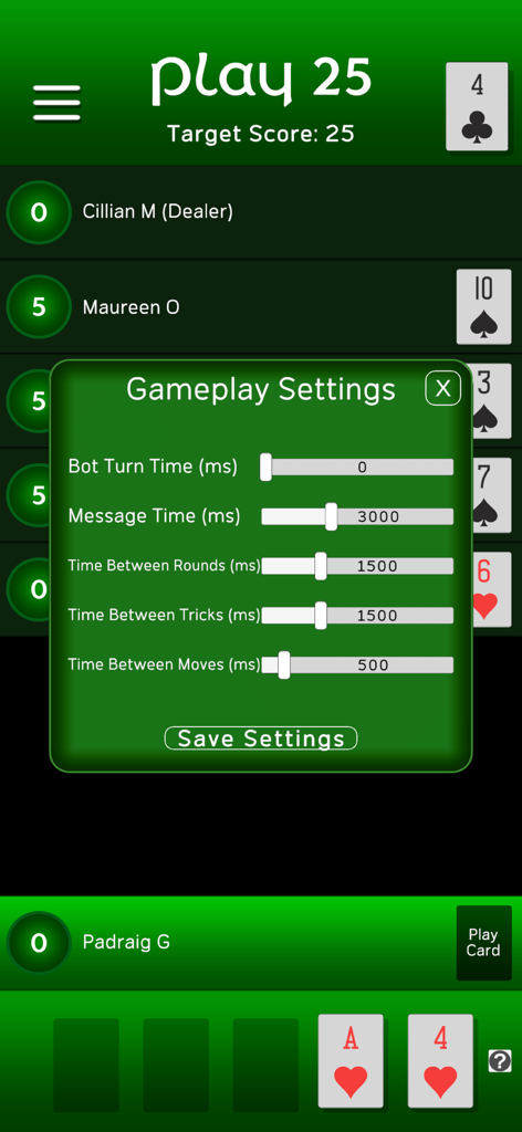 Play 25 - The gameplay settings menu of the Play 25 card game app showing adjustable speed options for bots and turns.