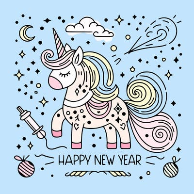 happy new year illustration calligraphic style outline; thin lines; light colors