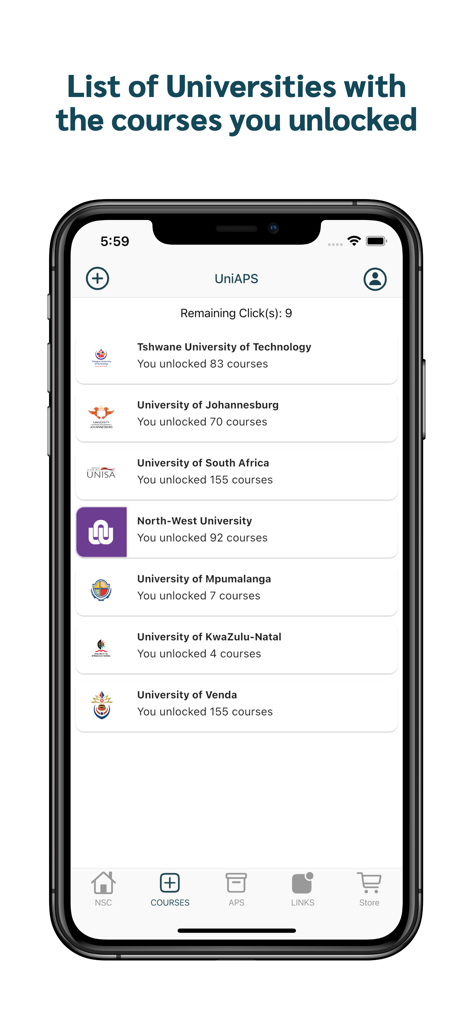UniAPS - List of South African universities and number of unlocked courses based on student results in the UniAPS app