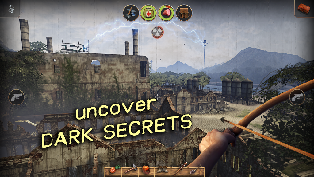 Radiation Island - First person view of a player holding a bow in front of abandoned industrial ruins in Radiation Island