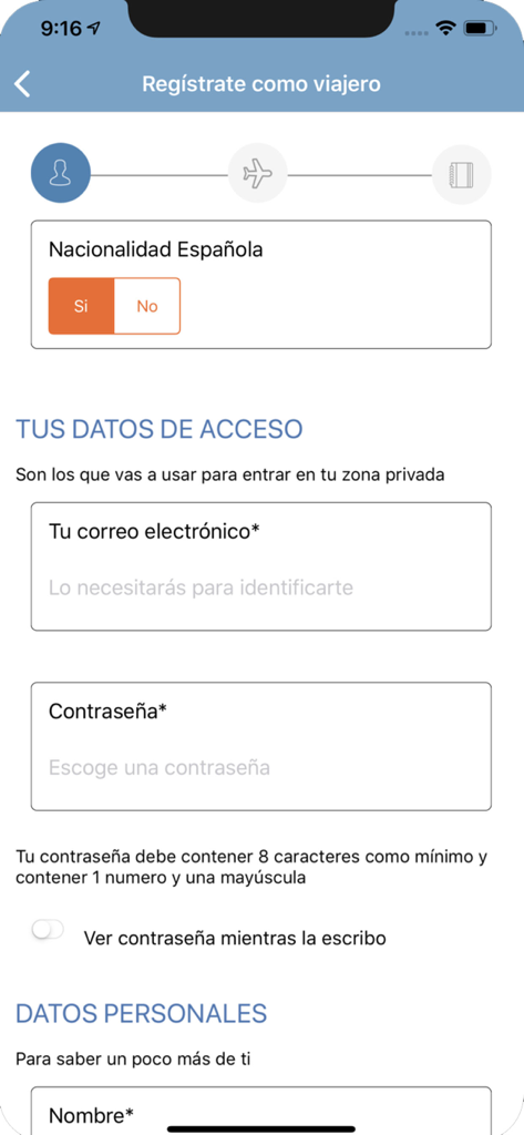 Registro de Viajeros MAUC - Sign up screen for the Spanish traveler registry app with email and password fields.