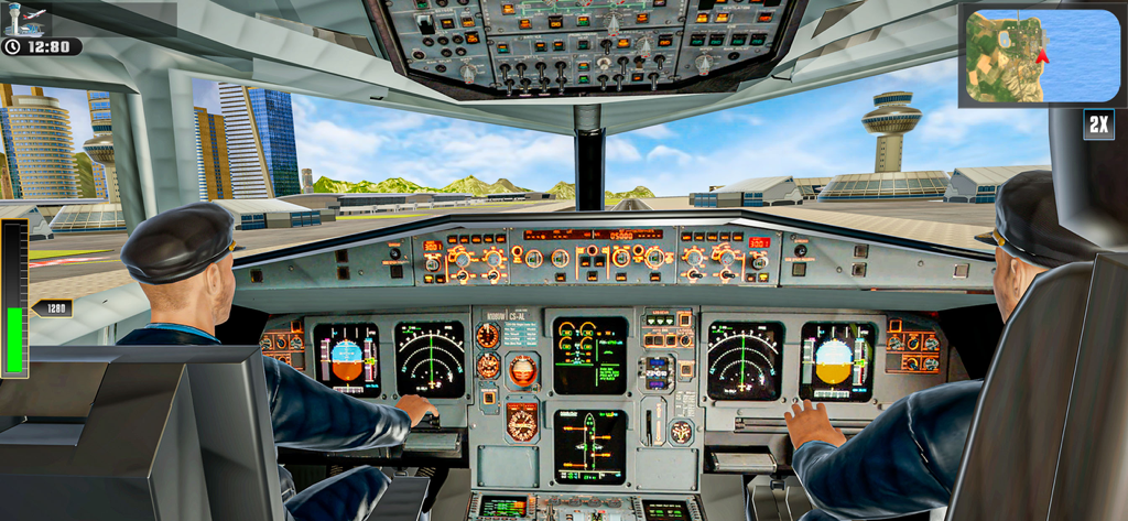 비행 중인 항공기 시뮬레이션에서 두 명의 조종사와 상세한 계기판을 보여주는 항공기 조종석 내부 모습