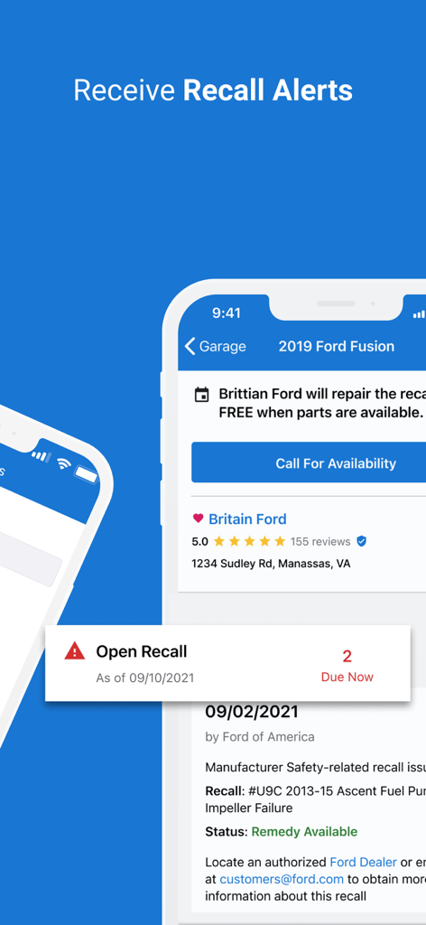 CARFAX Car Care - CARFAX Car Care app screen displaying vehicle safety recall alerts and dealership repair information