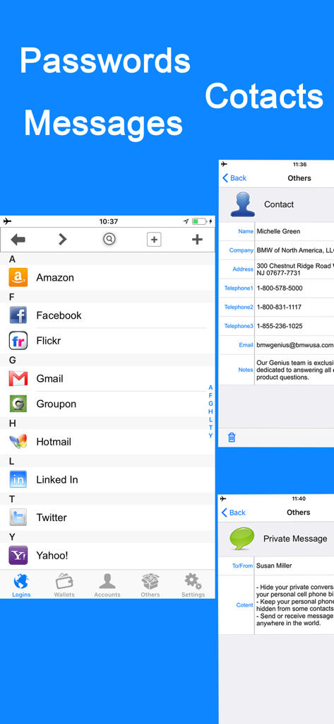 Interfaz de la aplicación iPassword Manager mostrando credenciales de inicio de sesión, detalles de contacto y mensajes privados