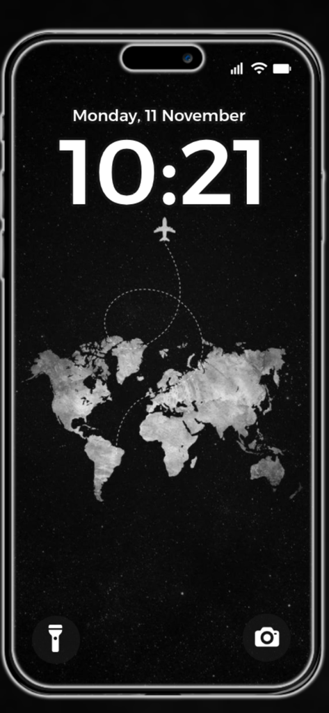 Sfondo estetico nero di una mappa del mondo per la schermata di blocco del cellulare