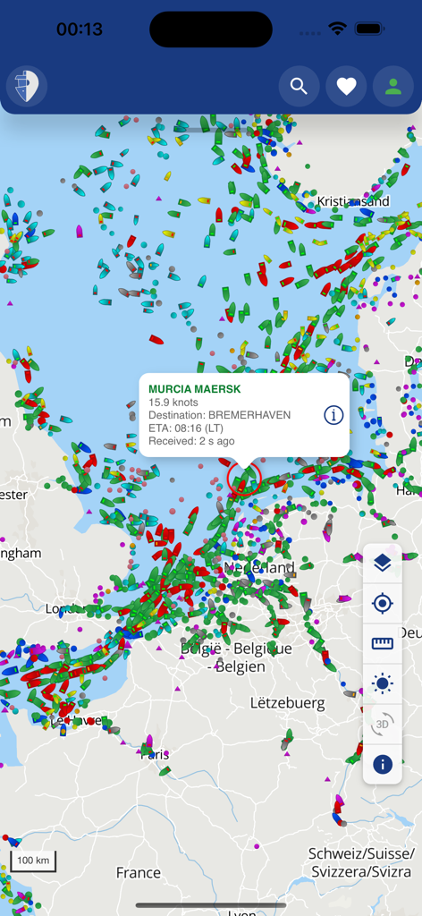 Real time ship tracking map displaying vessel positions and details in the North Sea