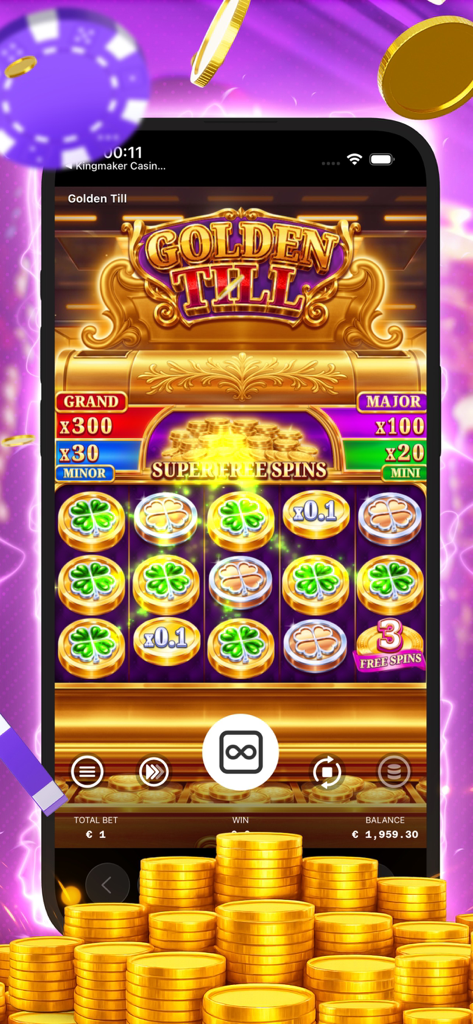 Kingmaker Casino: Trial Games - Golden Till slot machine interface showing lucky clovers and gold coins