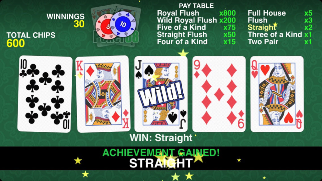 Poker 88 - Jacks or Better - Captura de pantalla de juego de Poker 88 mostrando una mano ganadora de escalera con cartas grandes y un comodín sobre un fondo verde clásico.