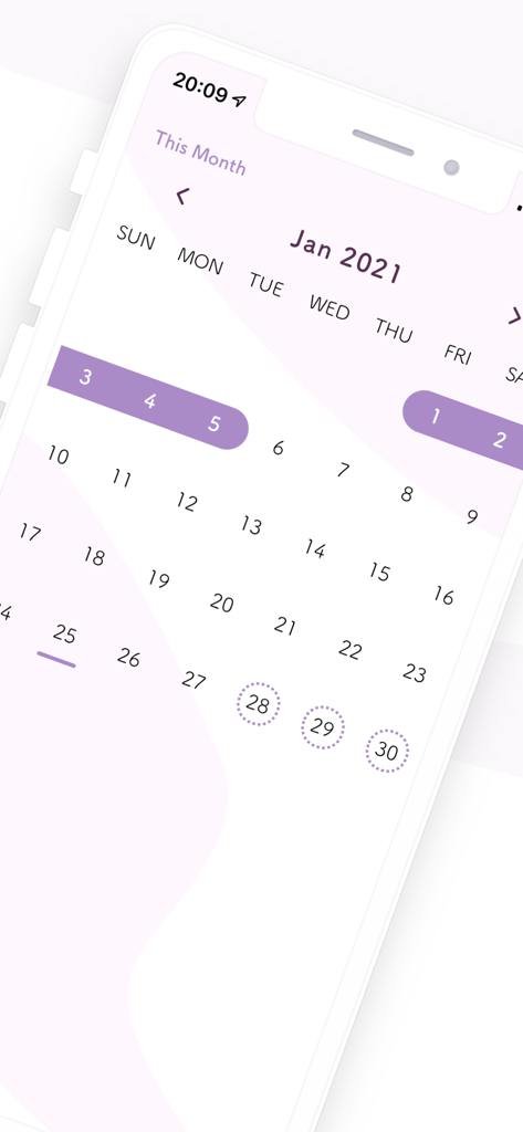 Simple Cycle Tracker Simpluna - Calendário minimalista do rastreador de ciclo do aplicativo Simpluna mostrando datas de período e previsões