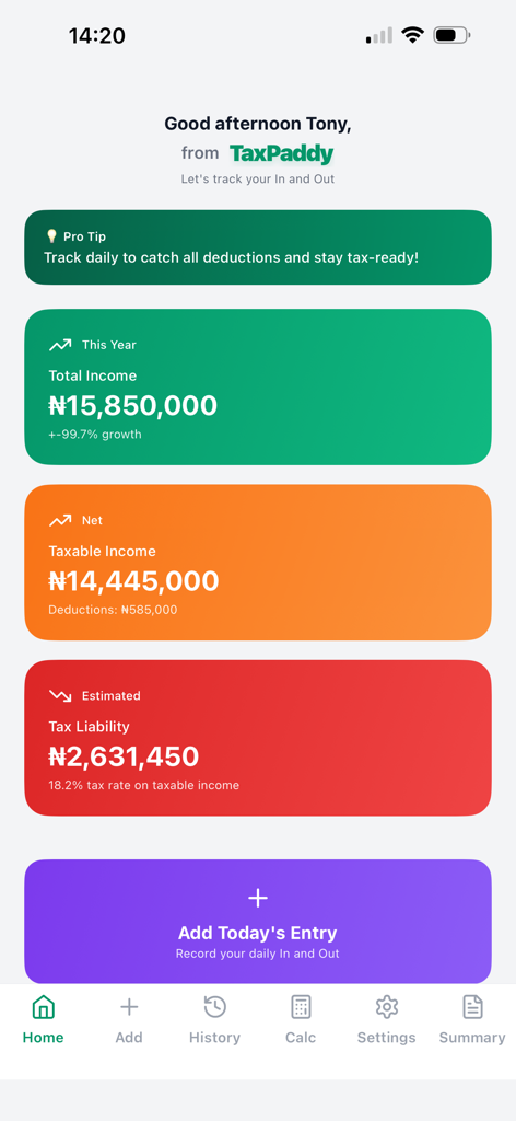 TaxPaddy - TaxPaddy app dashboard showing income tracking and estimated tax liability cards for Nigerian tax law