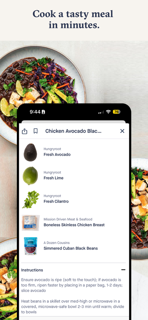 Hungryroot-App-Oberfläche, die ein gesundes Hähnchen-Avocado-Bowl-Rezept mit Zutatenliste und Anweisungen anzeigt