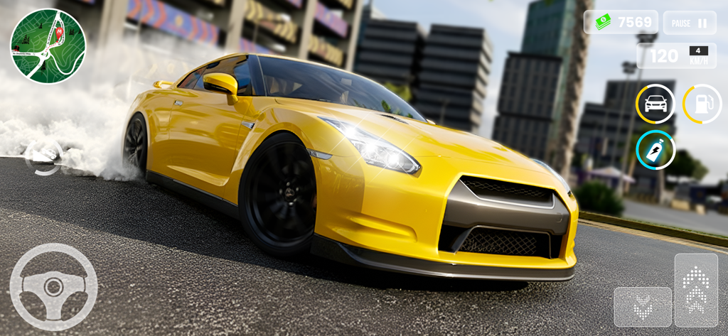 DriftLine: Urban Rush Car Game - A yellow sports car drifting in a city street in DriftLine Urban Rush Car Game