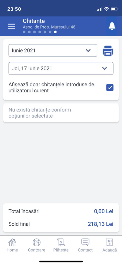e-bloc.ro - The receipts management screen of the e-bloc property application showing filters and balance