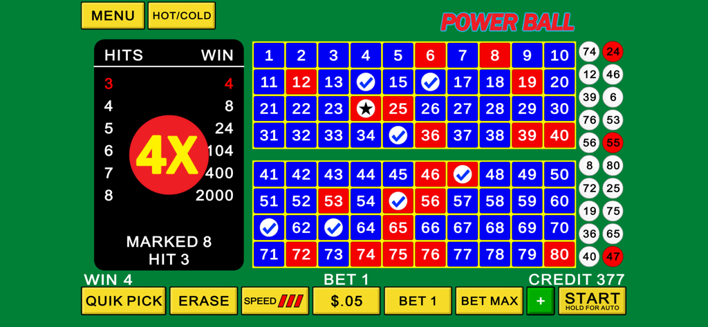 Keno Casino Games - Plateau de jeu de Keno de style Vegas avec 80 numéros et un multiplicateur 4X