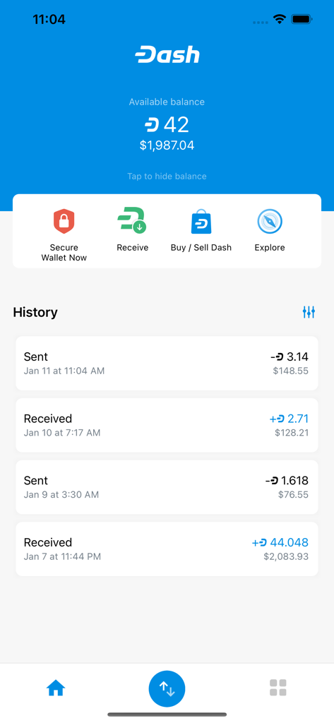 Interface do aplicativo Dash Wallet mostrando saldo disponível e histórico de transações de criptomoedas