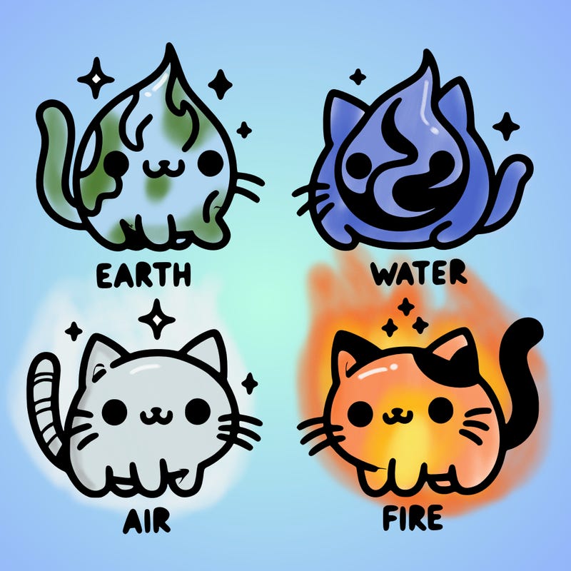 4 cats that represent the different elements, earth, water, air, and fire