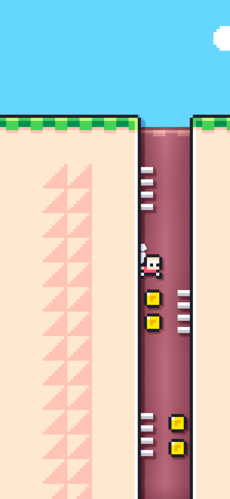 Roper - One Button Platformer - Pixel art character sliding down a vertical shaft to collect yellow coins in Roper platformer game