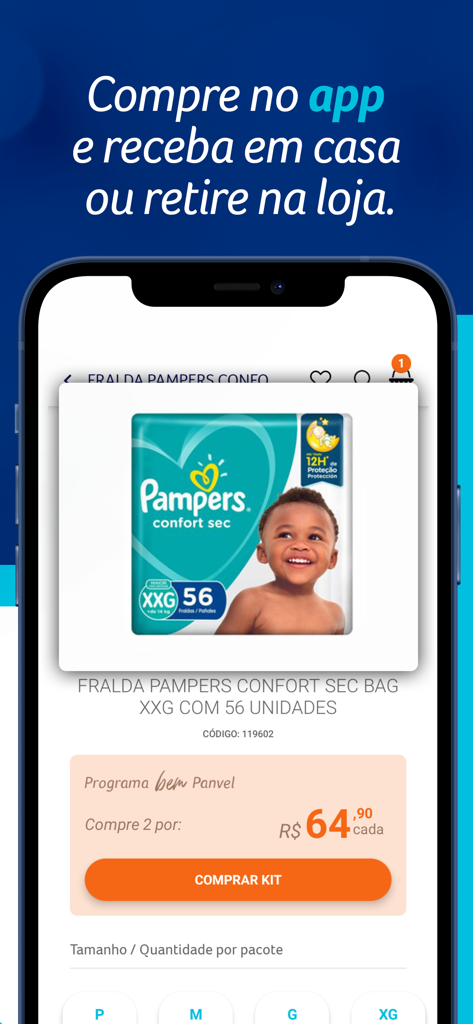 Panvel Farmácia e Perfumaria - Panvel app product page for Pampers diapers featuring home delivery and store pickup options.