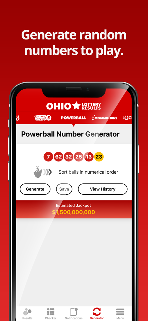A screenshot of the Ohio Lottery Numbers app showing the Powerball random number generator feature.