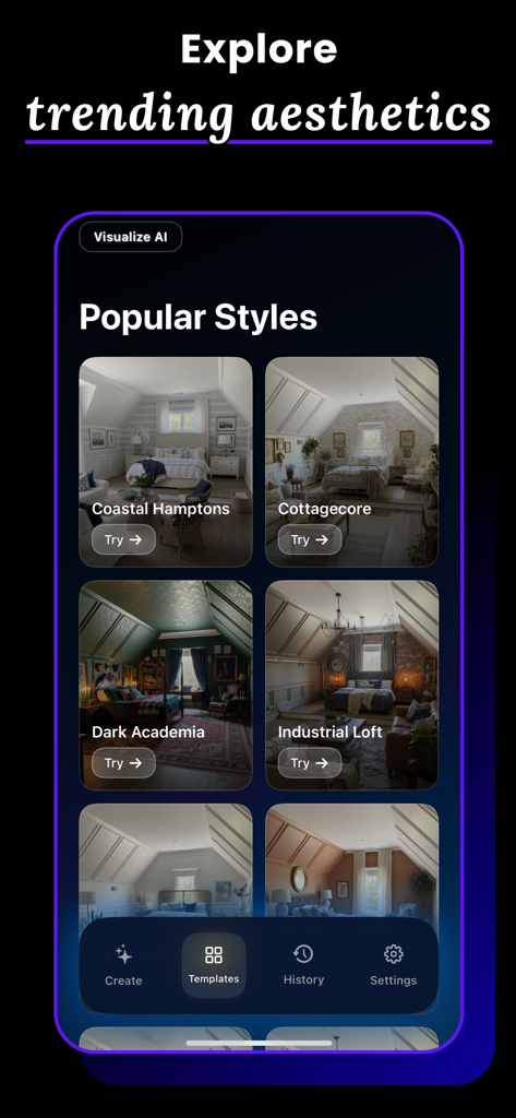 Visualize AI app interface showing trending interior design styles and templates