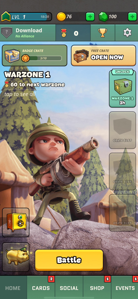 War Heroes mobile game home screen featuring a soldier character and battle button