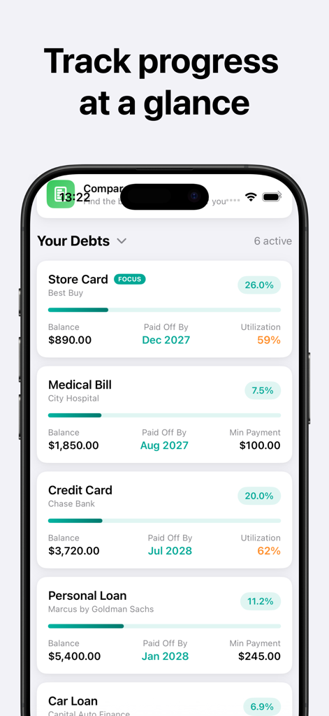 Debt Payoff Tracker & Planner - Dashboard view of the Debt Payoff Tracker app showing a list of active debts with balances and payoff dates.