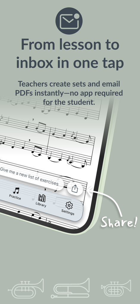 Interface do aplicativo Neotones mostrando a professores de música como compartilhar conjuntos de prática como PDFs.