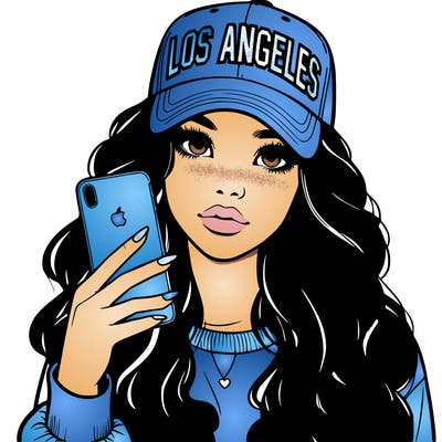 realistic beautiful girl wearing los ángeles cap holding an iphone