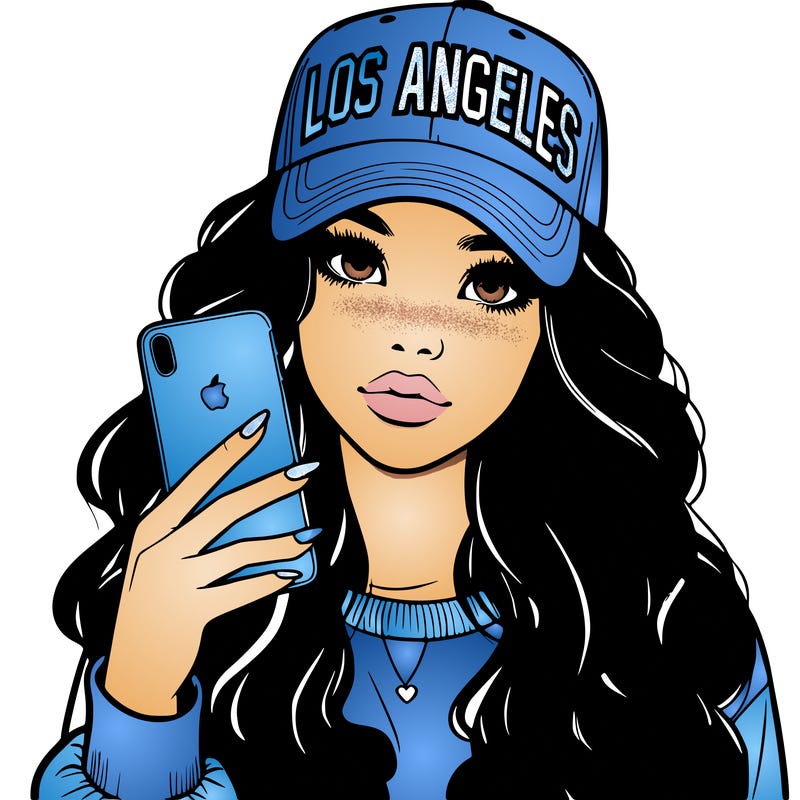 realistic beautiful girl wearing los ángeles cap holding an iphone