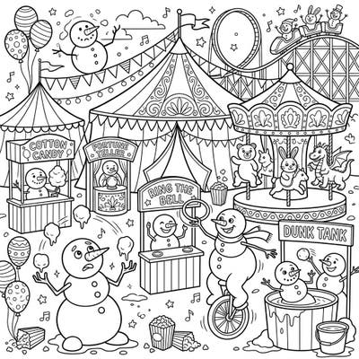 Dive into a whimsical world where funny snowmen bring the carnival to life! This delightful coloring page is packed with charming scenes of winter fun and festive fairground attractions, perfect for igniting your imagination.