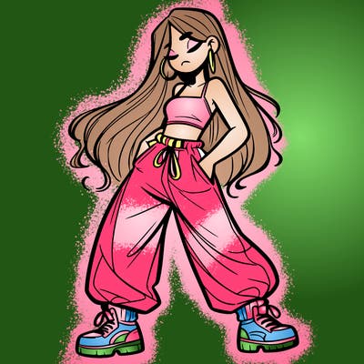 girl in baggy pants crop top and long hair