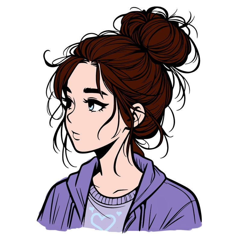 realistic teenage girl with a messy bun