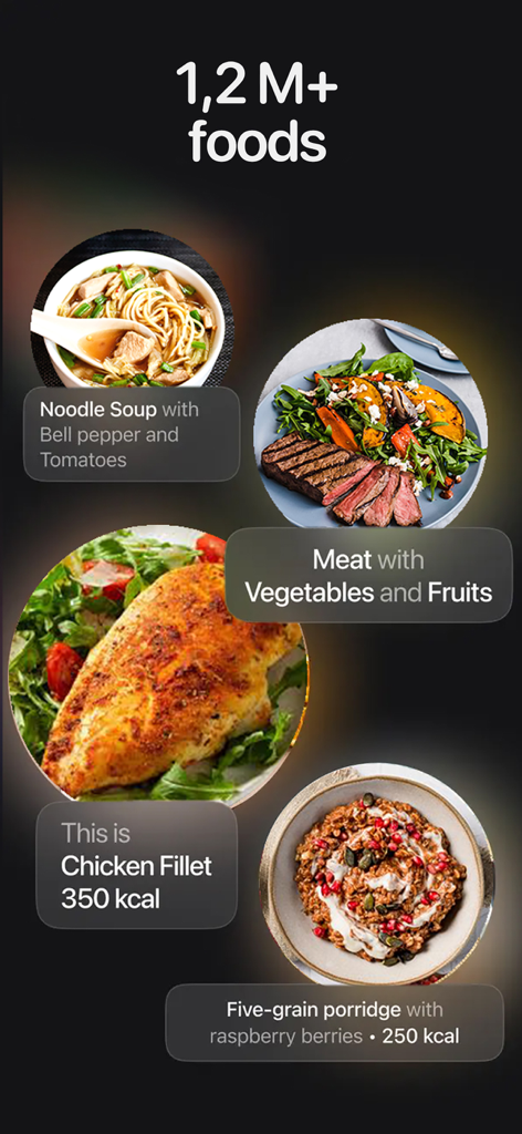 Calorie AI - Food Scan - Calorie AIアプリによって特定されたいくつかの食事（鶏むね肉や粥など）とそのそれぞれのカロリー数が表示されている画面。