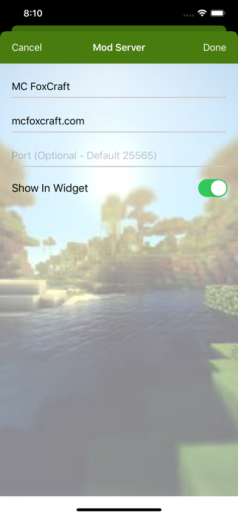 MCPE Mod Server for Minecraft - Interface for adding a Minecraft server address and enabling the home screen widget