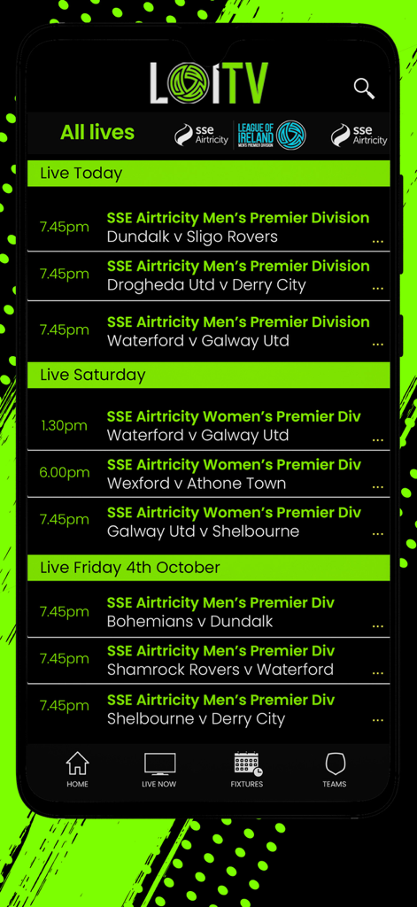 LOITV - LOITV mobile app showing live and upcoming match fixtures for the League of Ireland