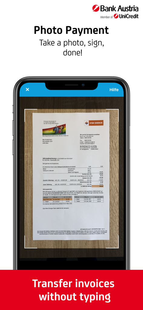 Bank Austria BusinessNet - Scanning a paper invoice with Bank Austria BusinessNet app for easy photo payment