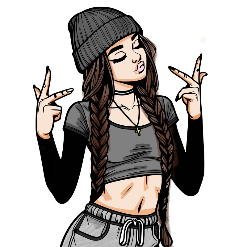 realistic teenage girl with braids and a beanie and crop top doing 🫶🏼