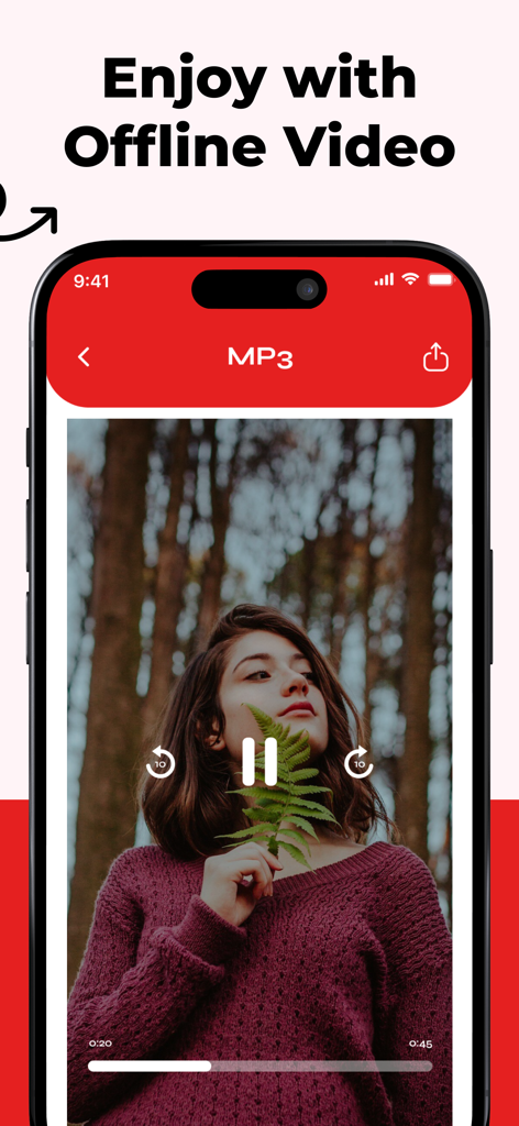 Schermata di uno smartphone che mostra un'interfaccia di riproduzione video offline con un tag MP3 e una donna che tiene una foglia in una foresta.