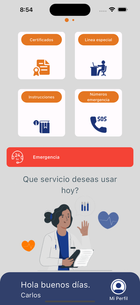 CRB GMM V2 - Home screen of the CRB GMM V2 medical insurance app featuring service options like certificates and emergency assistance in Spanish