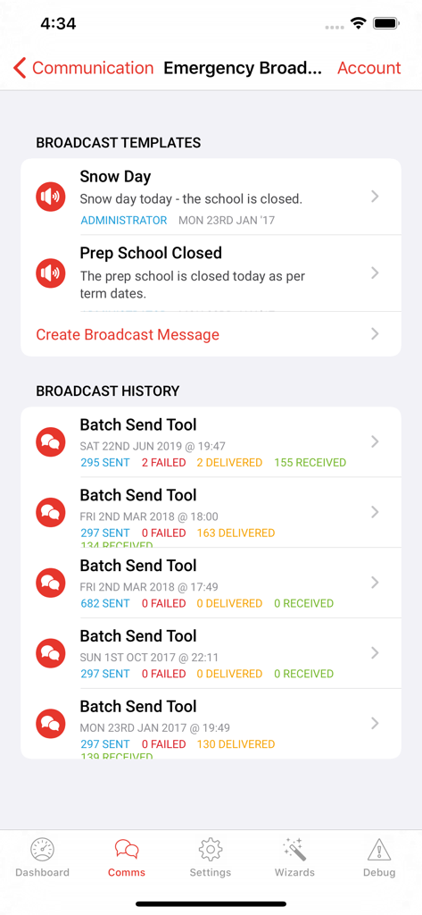 iTeacher App - Screenshot of the iTeacher App Emergency Broadcast screen showing templates for snow days and school closures alongside a batch send history with delivery status.