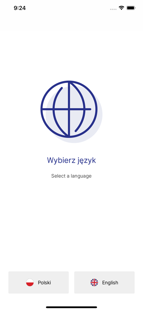 Pantalla de selección de idioma para la aplicación mSzafir con opciones en polaco e inglés
