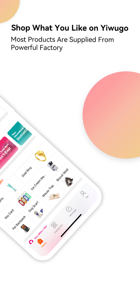 Tela do aplicativo YiwuGo exibindo produtos no atacado direto da fábrica para proprietários de pequenas empresas