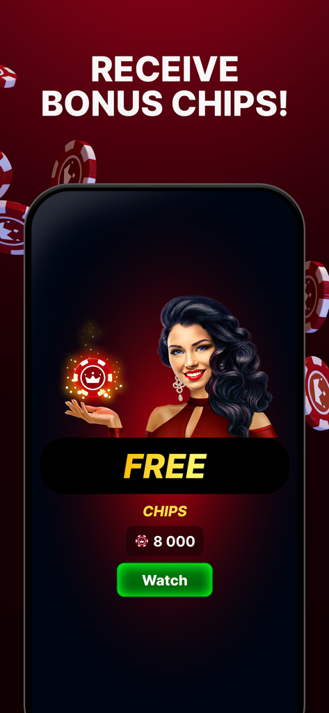 Una pantalla en la aplicación Domino Online 3D que ofrece 8000 fichas de bonificación gratuitas por ver un video.