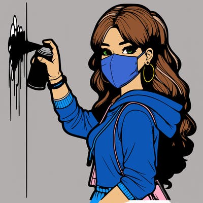 realistic girl with mask spray painting a wall