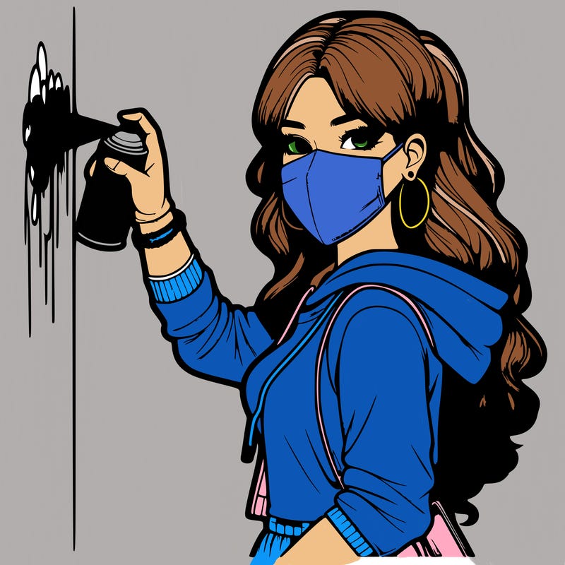 realistic girl with mask spray painting a wall