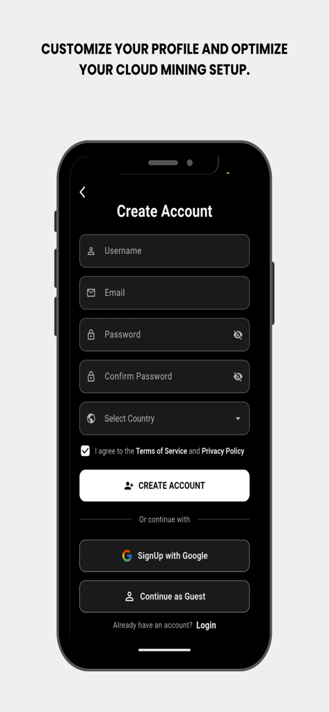 BTC Mining Cloud Sim - Create account screen for BTC Mining Cloud Sim app showing registration fields and social login options