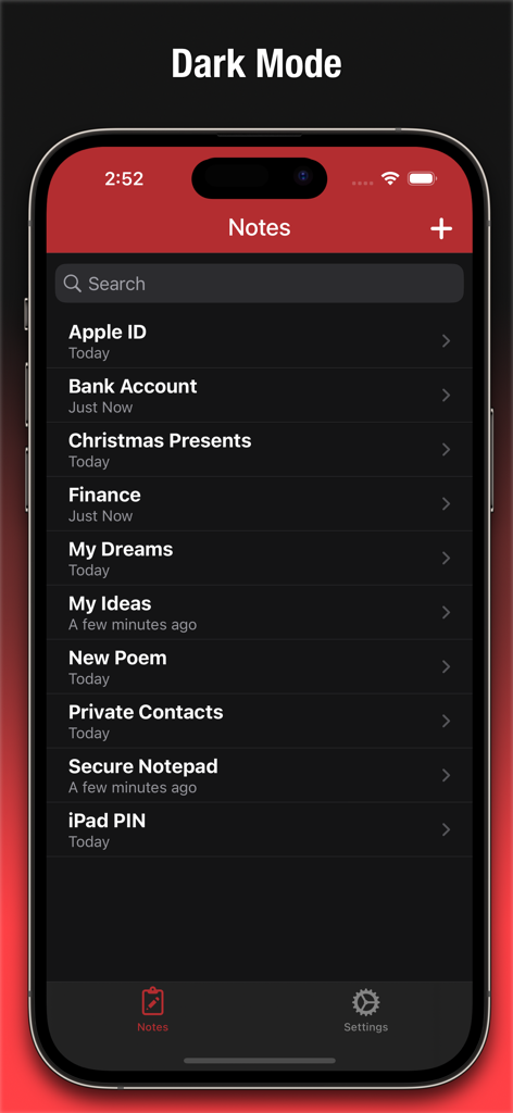 Tela principal do aplicativo Secure Notepad exibindo uma lista de notas privadas em modo escuro.